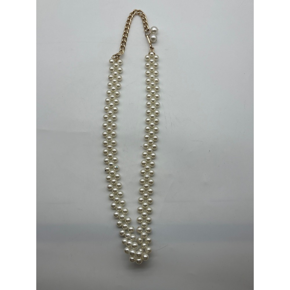 Vintage Gold Tone Woven Faux Pearl Necklace Statement Flapper 17 Inch Cream